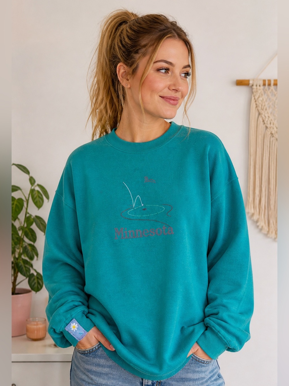 Vintage 90s Minnesota Crewneck Sweatshirt Teal Golf Tourist Pullover L‎